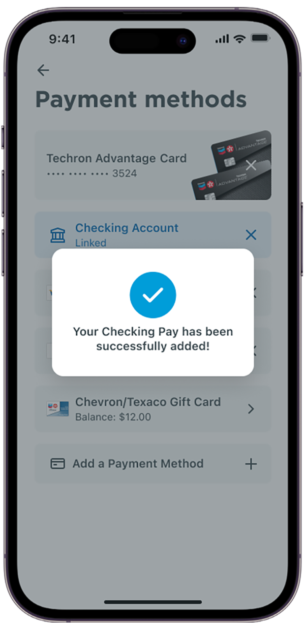 Mobile app screen checking pay successfully added