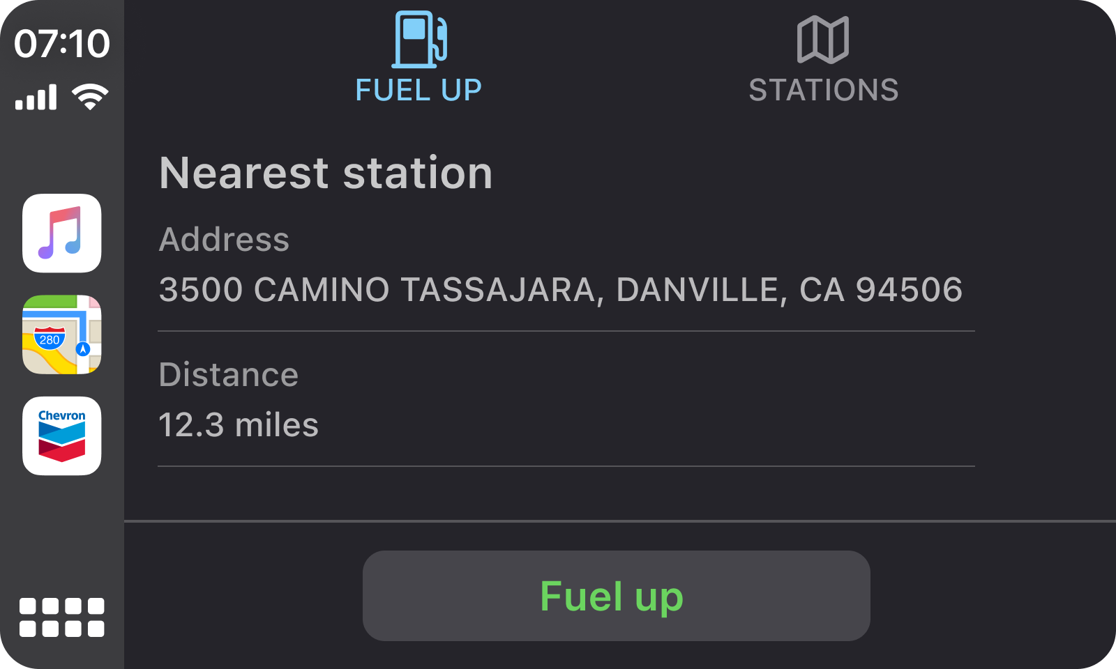 Fuel Up nearest station chevron apple carplay app