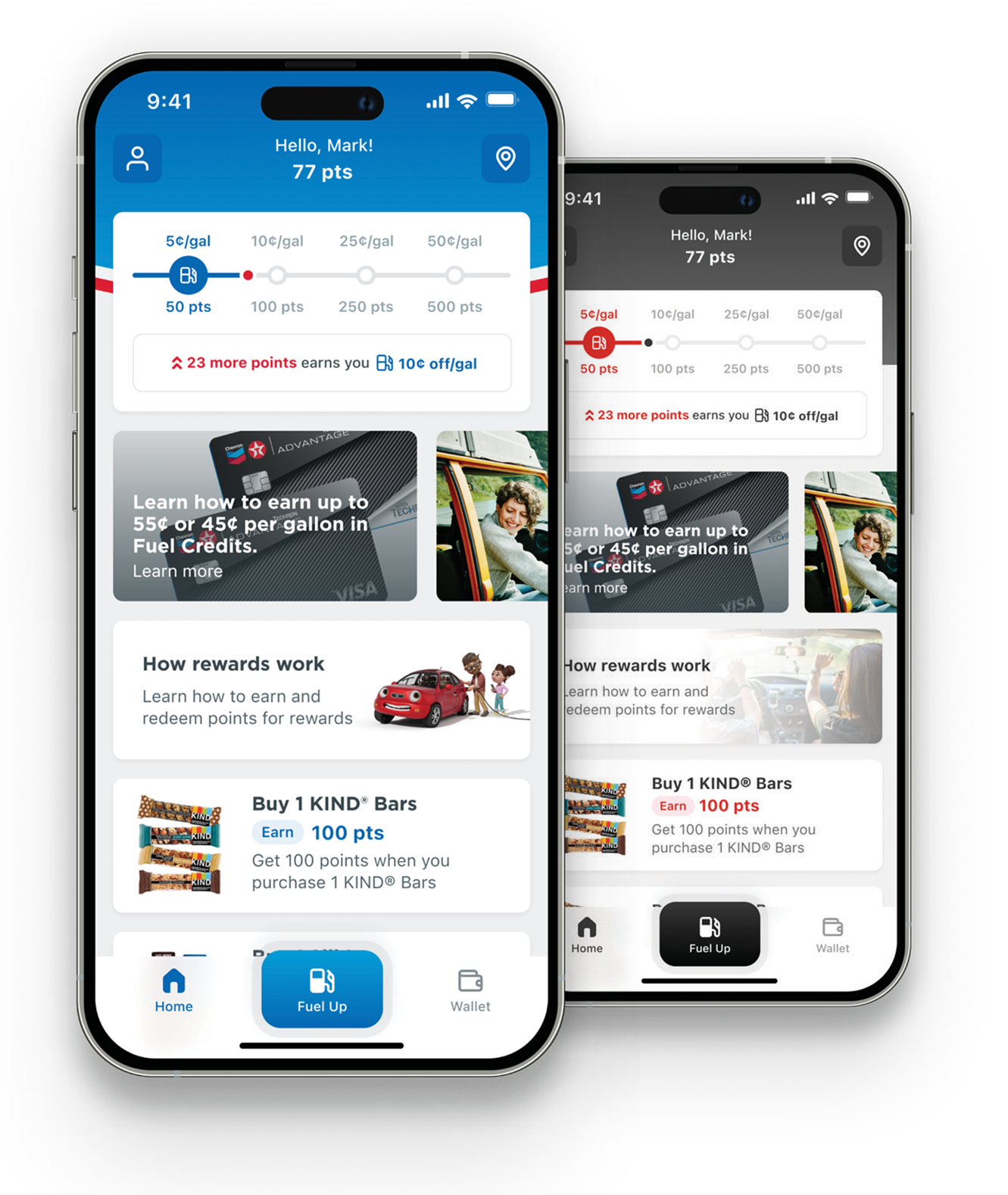 Chevron and Texaco app homepage screens